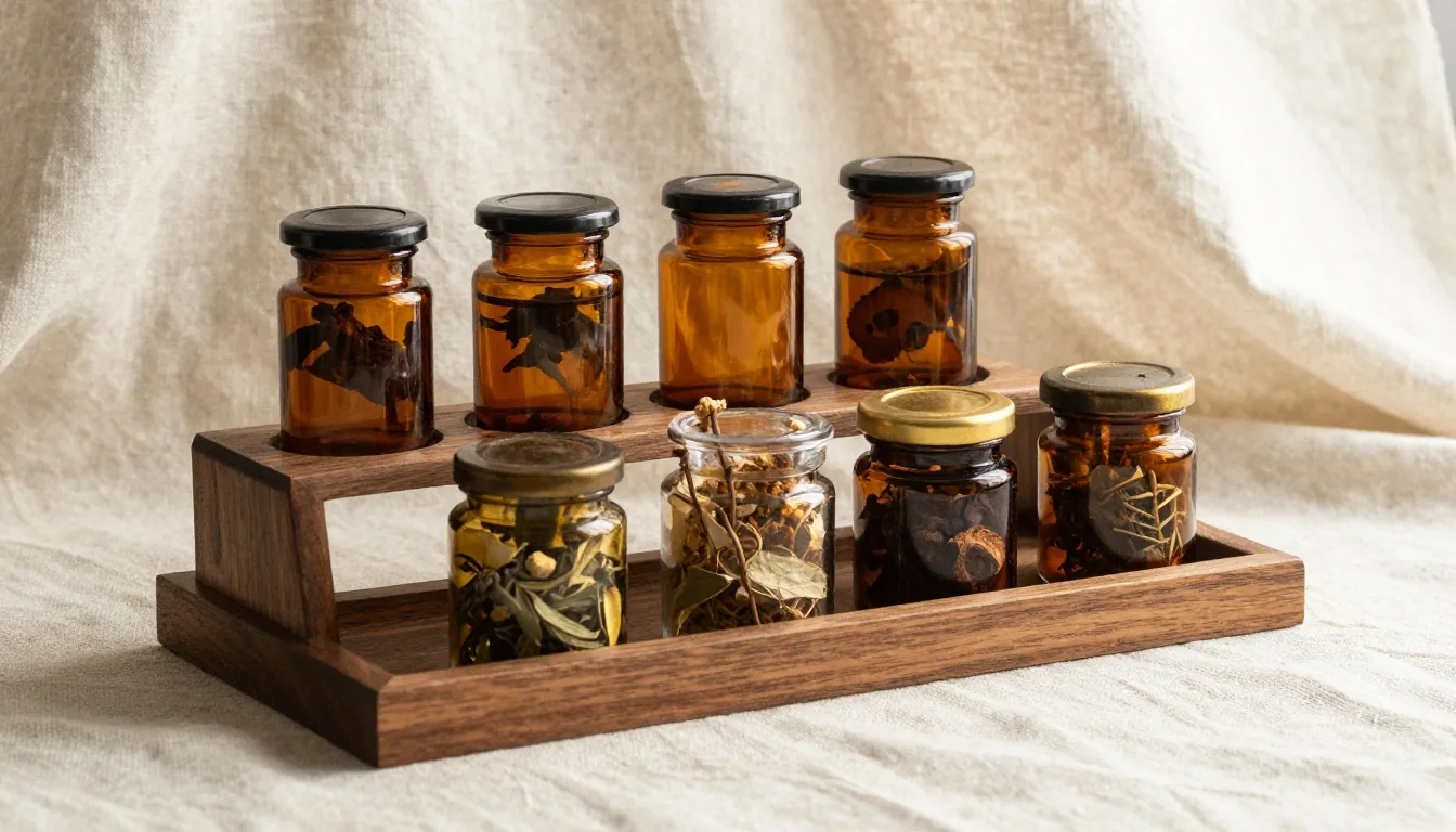 Botanical specimens and supplement formats arranged on a matte paper surface