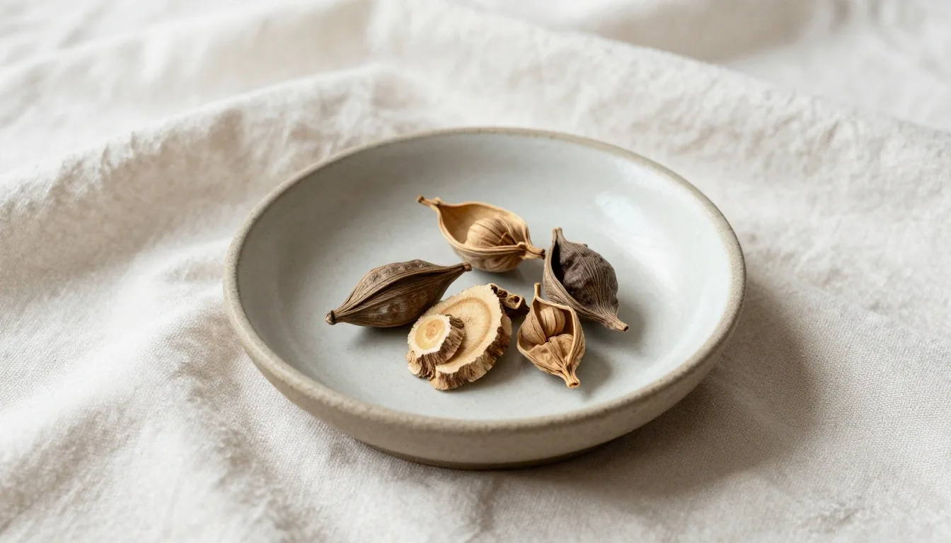 Dried botanical roots in a matte dish on a white surface