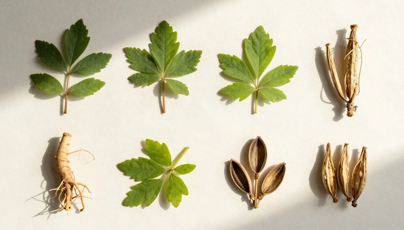 Botanical specimens arranged on a matte white surface under soft morning light