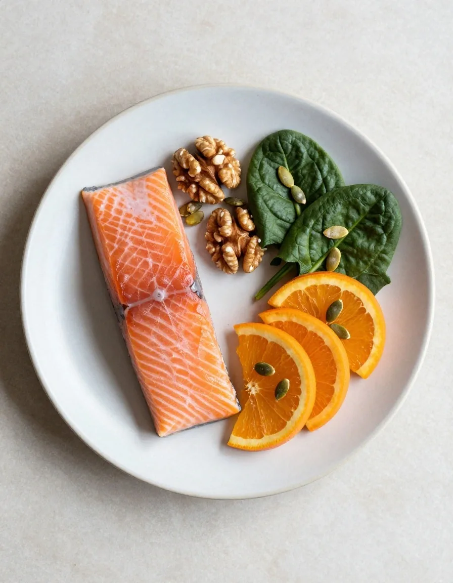 Food sources of vitamins and minerals arranged on a plate