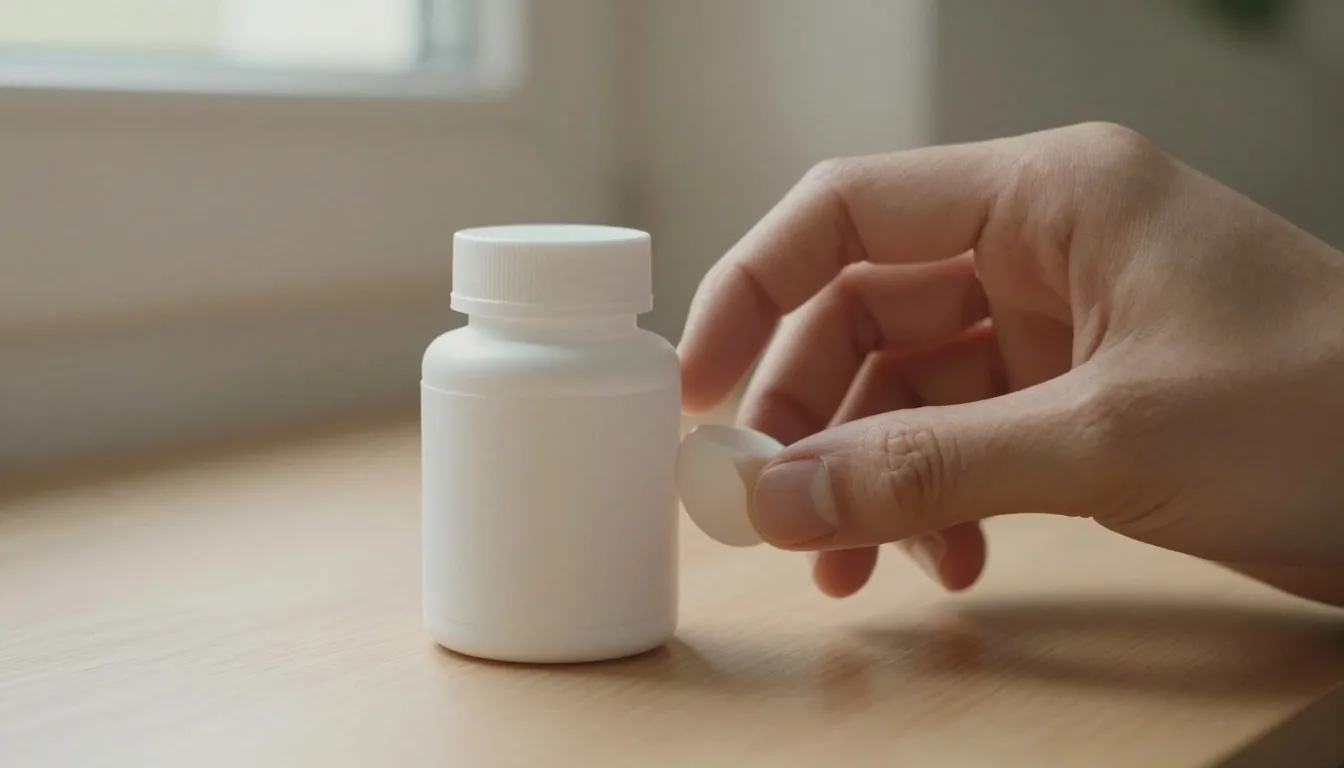 Hand holding a supplement bottle label