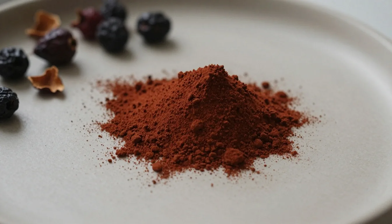 Dried botanical powder and seeds on a white surface