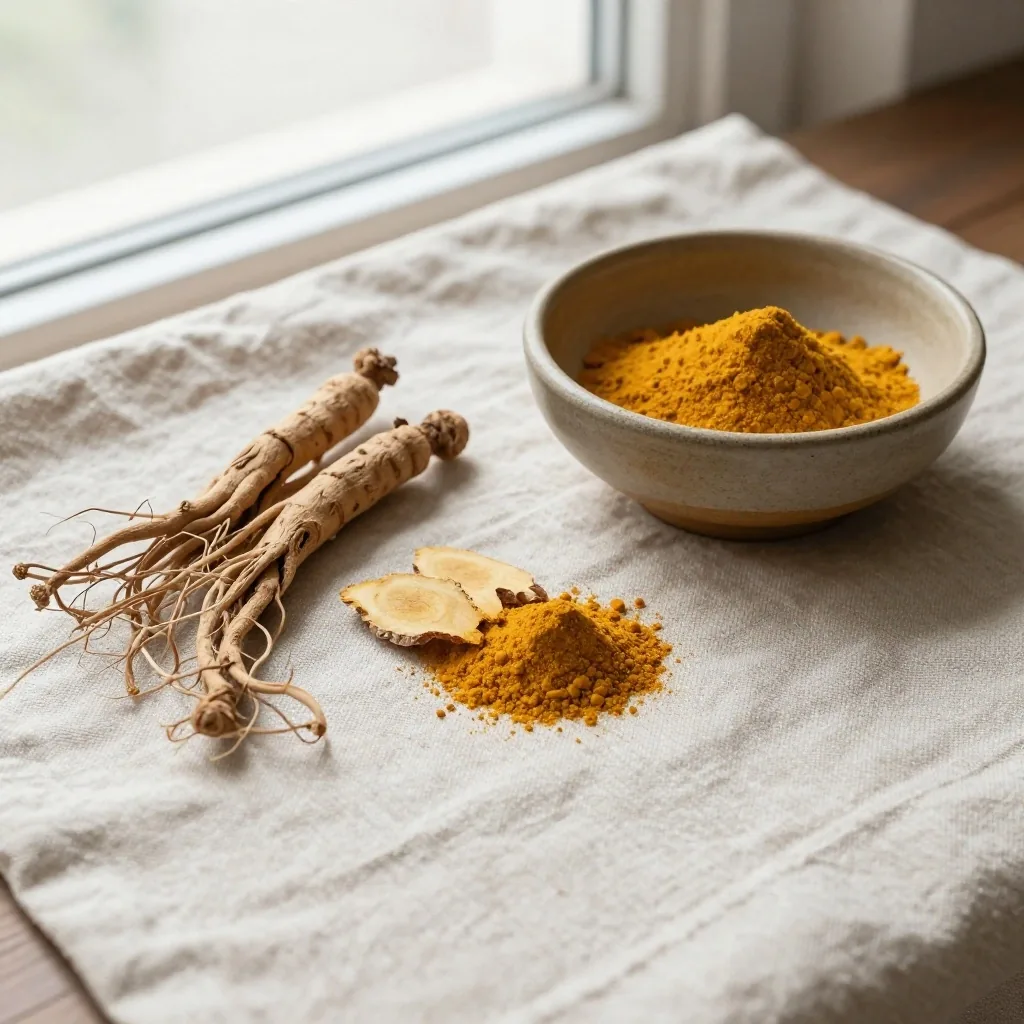 Dried ginseng root and turmeric powder on a matte surface