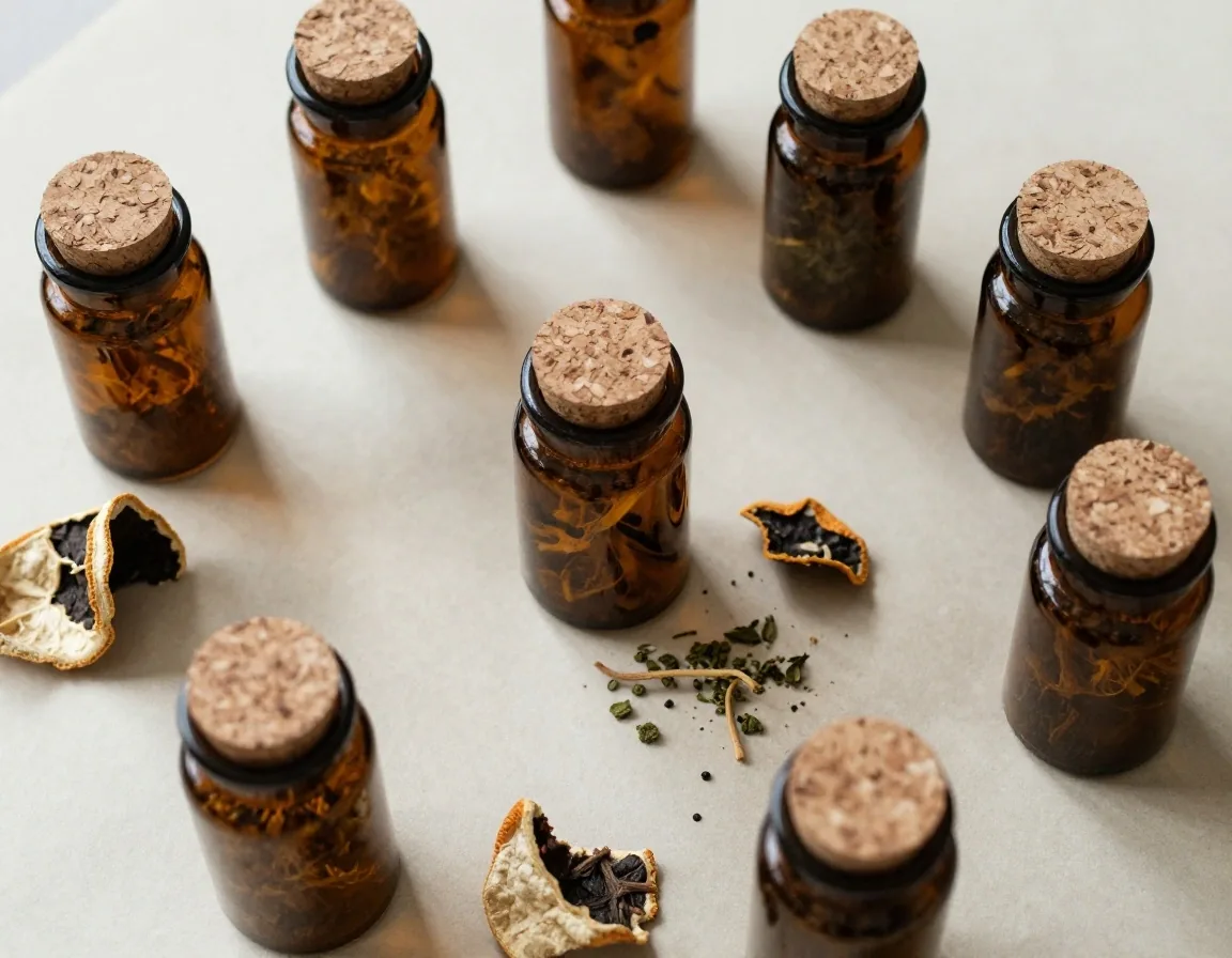 Dried botanical powders in amber glass vials on a paper surface