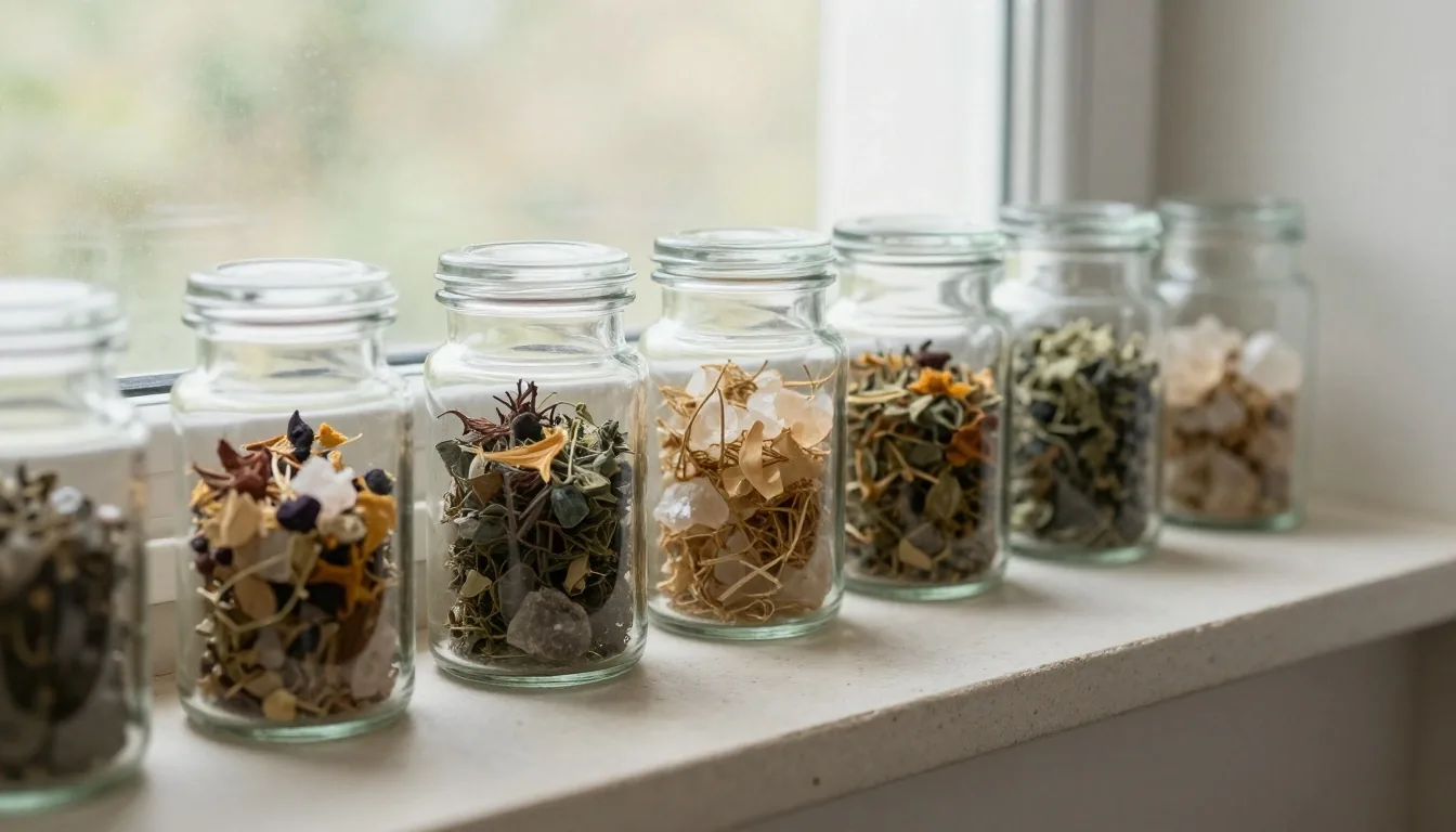 Botanical specimens arranged on a matte white surface in morning light