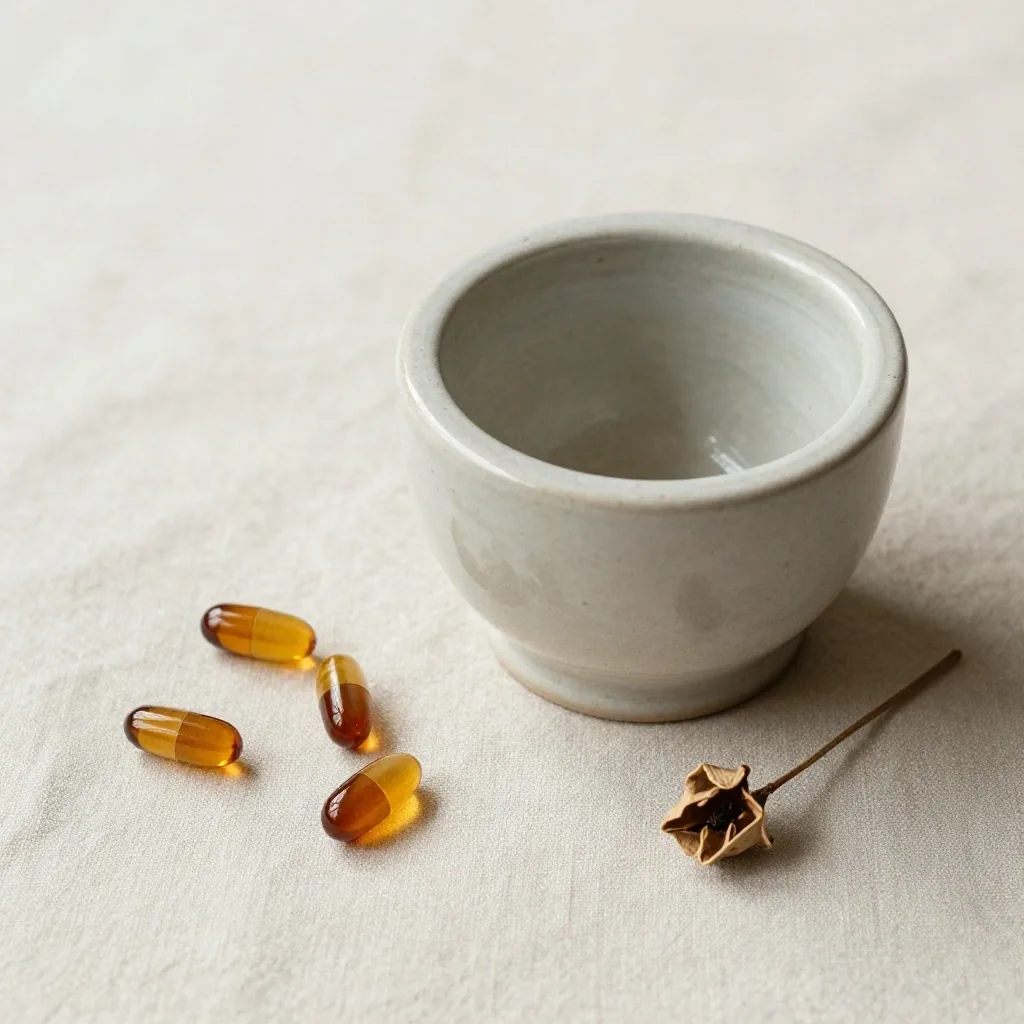 Natural supplement capsules arranged in a ceramic dish with botanical specimens